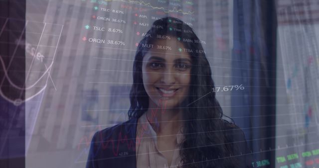 Stock market processing over portrait of indian woman smiling at office - Download Free Stock Photos Pikwizard.com