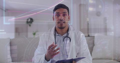 Male Doctor Conducting Telemedicine Consultation with Holographic Data in Living Room