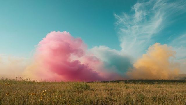 Colorful Smoke Plumes Over Tranquil Flower Meadow