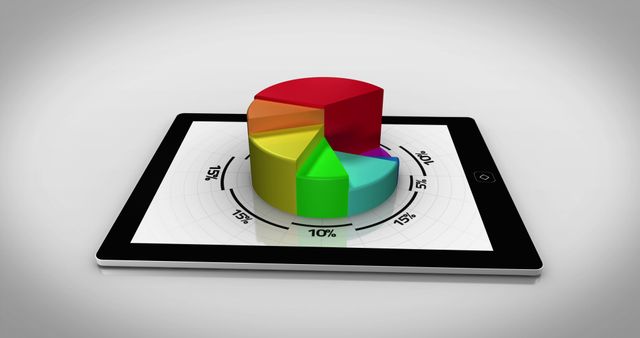 This 3D pie chart displayed on a tablet illustrates various data points, making it ideal for business presentations, financial reports, and market analysis. The vibrant colors and modern design highlight its applicability to digital environments, data visualizations, and interactive interfaces.
