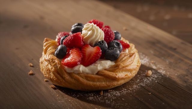 Rustic twisted golden danish pastry topped with cream and glazed fresh berries on dark board