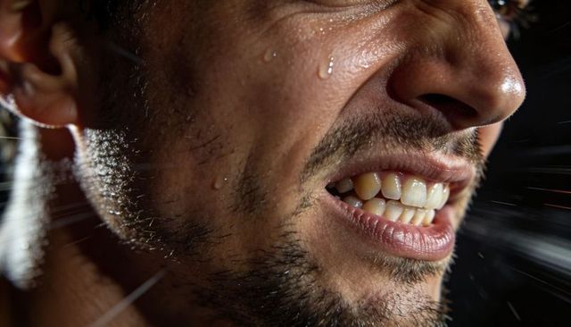 Closeup male jawline sweating and spraying mist with clenched teeth and stubble