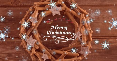 Merry Christmas Wooden Wreath with Falling Snowflakes