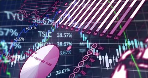 Neon Fintech Dashboard Showing Live Candlesticks, Monthly Bars and 3D Data Charts