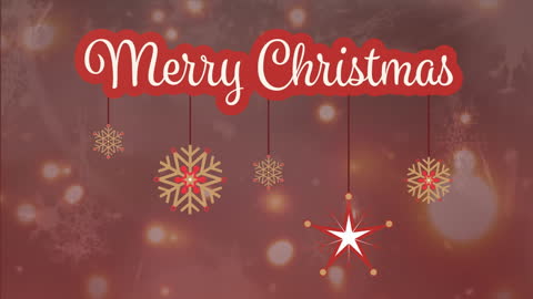 Festive Christmas Greeting with Falling Snow and Hanging Ornaments