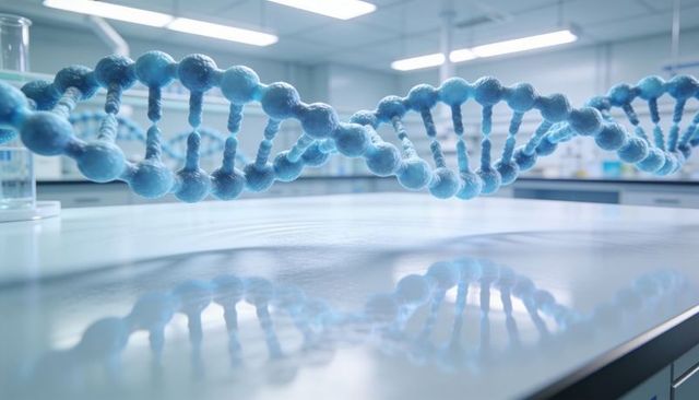 Floating blue dna double helix reflecting on glossy laboratory bench for genetics research
