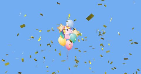 Colorful Balloons and Gold Confetti Celebration on Blue Background