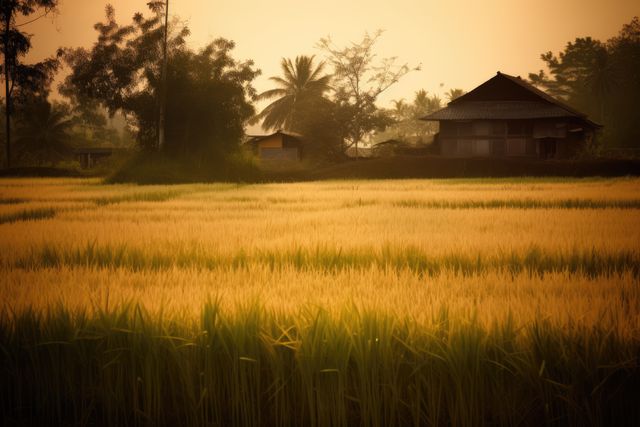 General view of rice fields with farmhouse, created using generative ai technology. Rice fields, farming and nature concept digitally generated image.