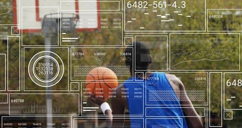 Sprinters charging across grass with hud performance analytics overlays, sports technology