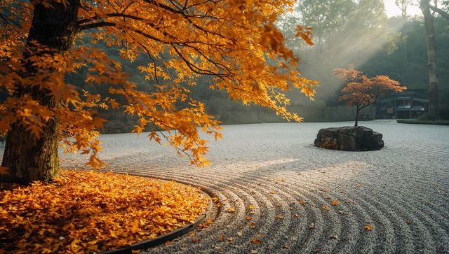 Autumn maple tree over zen garden with raked gravel