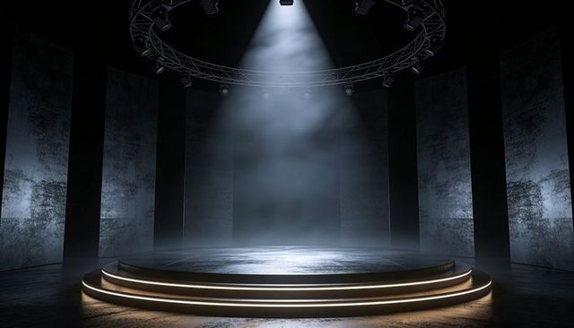 Circular illuminated three-tier stage with overhead truss and dramatic spotlight haze and fog