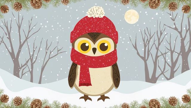 Whimsical owl wearing red knit hat and scarf on snowy moonlit hill with pine cones