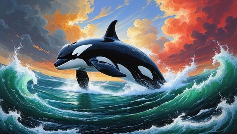 Majestic Orca Leaping at Sunset in Luminous Ocean Scene