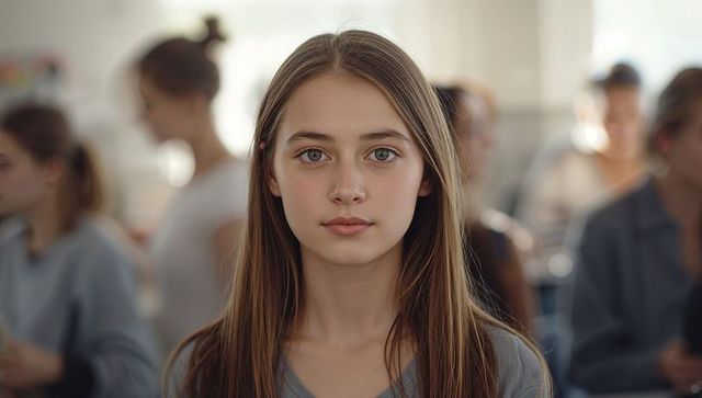 Teenage girl standing confidently in school common area holding smartphone