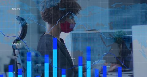 Businesswoman analyzing global data with bar graphs and world map overlay