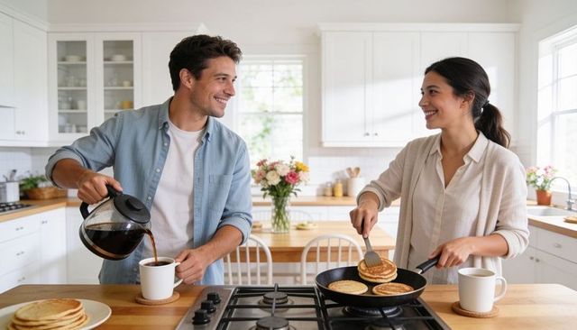 Sunlit modern kitchen couple making pancakes and pouring coffee together at kitchen island