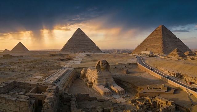 Sunset bathing great sphinx and giza pyramids casting dramatic shadows across plateau