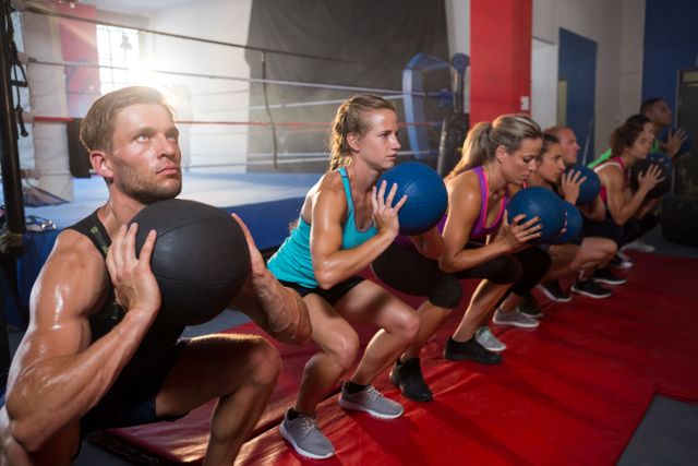 Group of young athletes performing squats with medicine balls in a gym. They are focused and determined, showcasing teamwork and strength training. Ideal for use in fitness blogs, gym advertisements, workout programs, and health and wellness promotions.