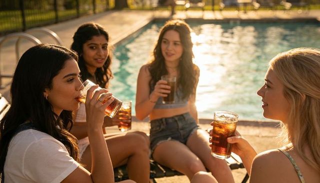 Sunlit friends sipping cold soda by pool at golden hour, casual summer outdoor gathering