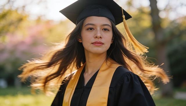 Smiling female graduate wearing gold stole and mortarboard on blossoming campus at sunrise