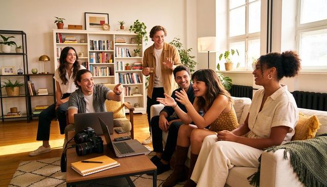Friends gathering in cozy living room laughing and connecting around laptop and dslr