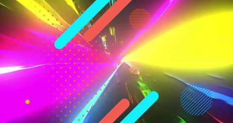 Converging Neon Tunnel Emitting Yellow and Pink Glow with Turquoise Bars and Halftone Dots