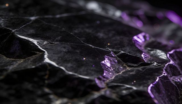 Cracked black marble slab with purple-lit fissures and glossy wet mineral texture closeup
