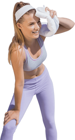 Smiling fitness woman cooling down on transparent background