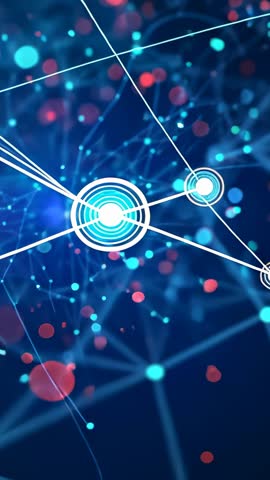 Vertical tech network animation pulsing cyan hub sending glowing links and concentric rings