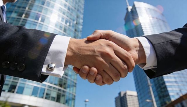 Shaking hands sealing corporate partnership amid glass skyscraper skyline
