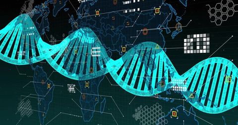 Futuristic Cyan DNA Helix over Digital World Map