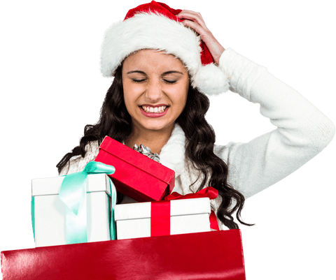 Transparent Presenting Smiling Woman in Santa Hat with Gifts