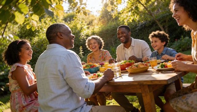 Multigenerational family enjoying sunlit backyard meal sharing salad drinks and laughter