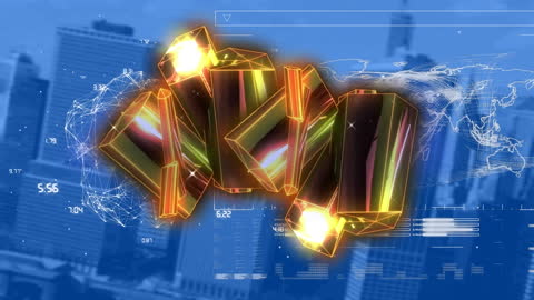 Glowing Blocks Overlay on Cityscape with Digital Network Graphics