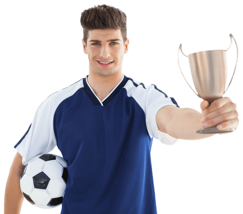 Victorious Young Soccer Player Holding Trophy with Transparent Background