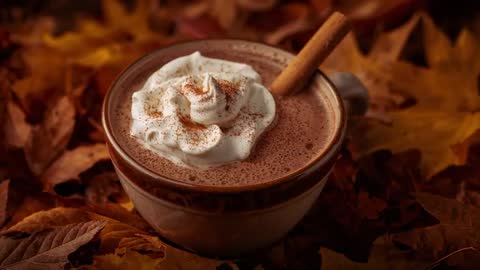 Hot Chocolate Cup with Cream and Cinnamon Stick in Autumn Setting