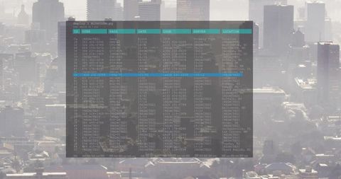 Displaying semi-transparent terminal overlaying hazy urban skyline with cyan header