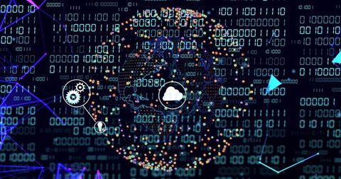 Digital globe rotating in neon binary network with cloud and gear connectivity icons