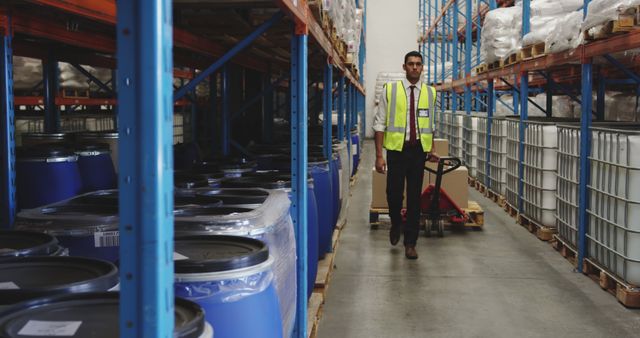 Warehouse worker moving pallet jack loaded with blue drums in industrial storage area. Tall shelves stacked with goods. Could be used for topics related to logistics, inventory management, supply chain, industrial work, warehousing systems, and occupational safety.