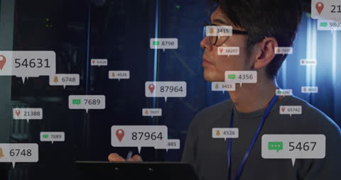 Engineer Analyzing Data with Floating Social Media Icons