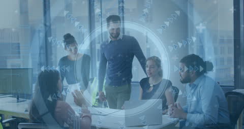 Futuristic Business Team Meeting with Digital Interface Overlay