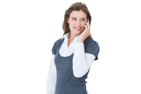 Smiling Woman in Business Attire Holding Smartphone on Transparent Background