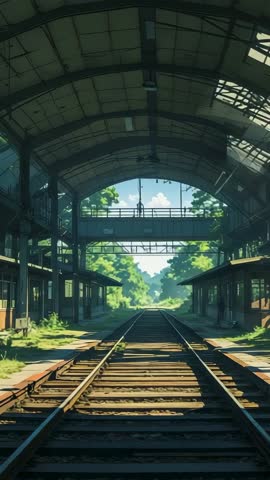 Vertical Cinematic Rail Scene: Lone Figure Pausing on Bridge Gazing at Sunlit Tracks into Forest