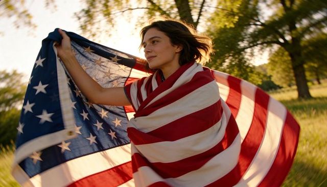 Young woman wrapped in american flag spinning through sunlit park, evoking patriotism