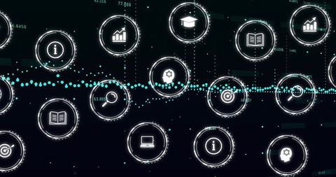 Neon data network dashboard with glowing nodes and aqua waveform visualizing analytics