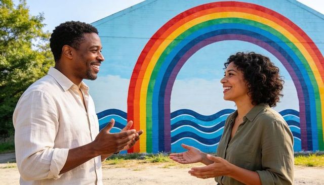 Adults talking and smiling beside vibrant rainbow mural for urban community conversation