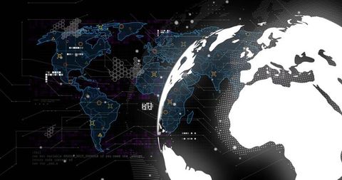 Holographic global data network overlaid on digital world map for cybersecurity analytics