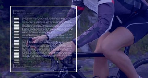 Female cyclist pedaling with wrist fitness tracker sending live performance data overlay