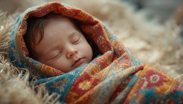 Sleeping infant in ethnic paisley swaddle