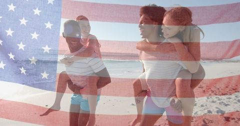 Happy Diverse Couples on Beach with American Flag Overlay - Download Free Stock Images Pikwizard.com